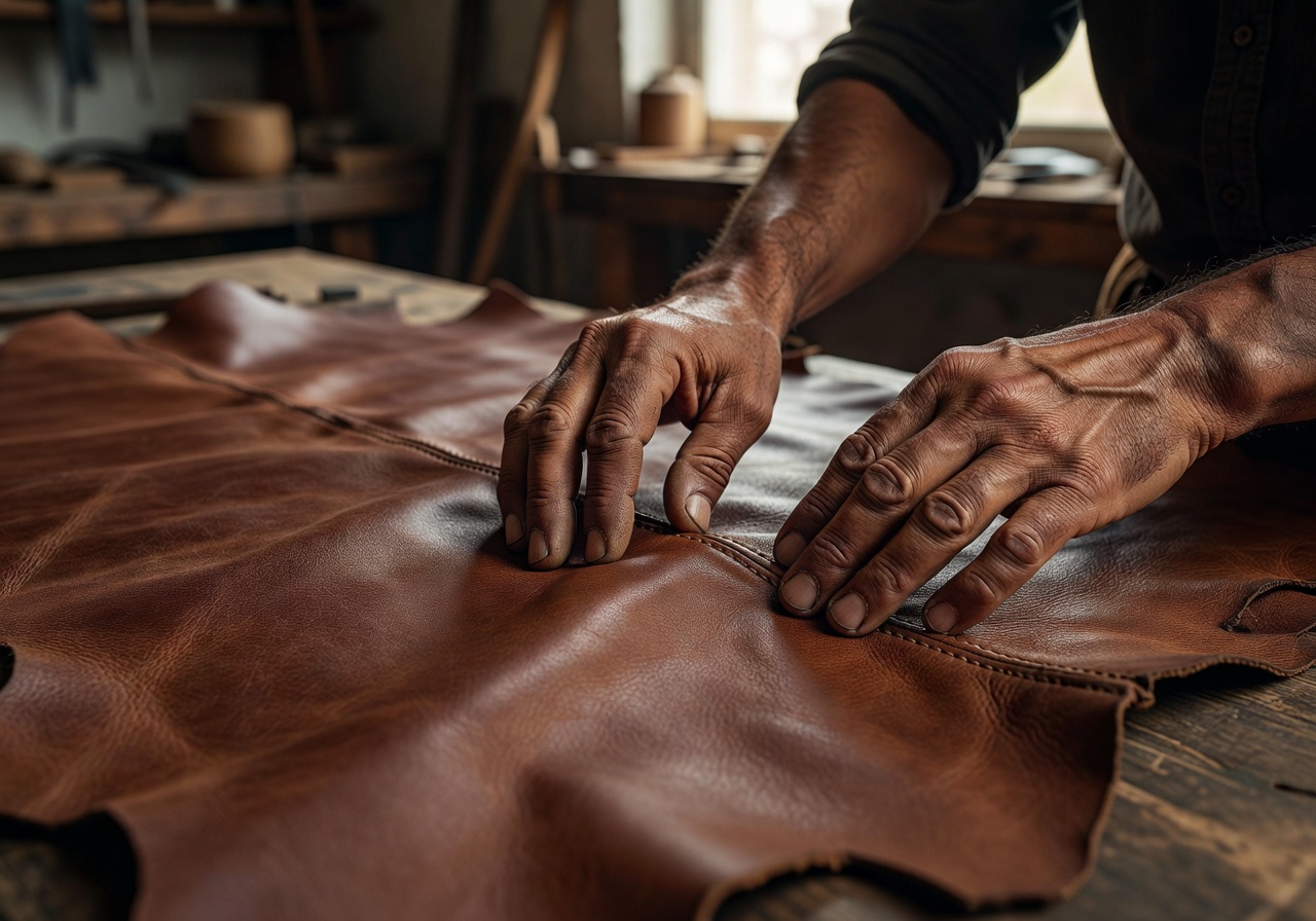 Close up of artisan hands inspecting the quality of a leather hide rug