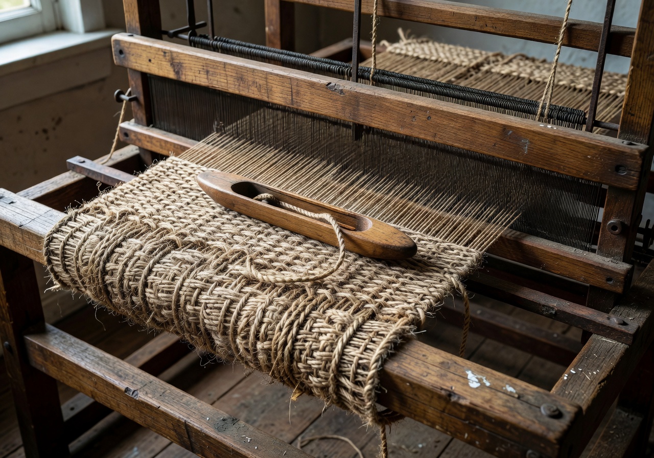 Close up of vintage weaving loom creating a natural fiber mat
