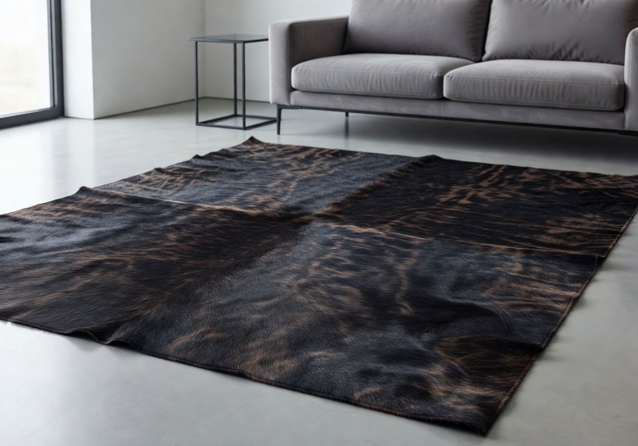 Dark brindle hair-on-hide leather rug in modern setting