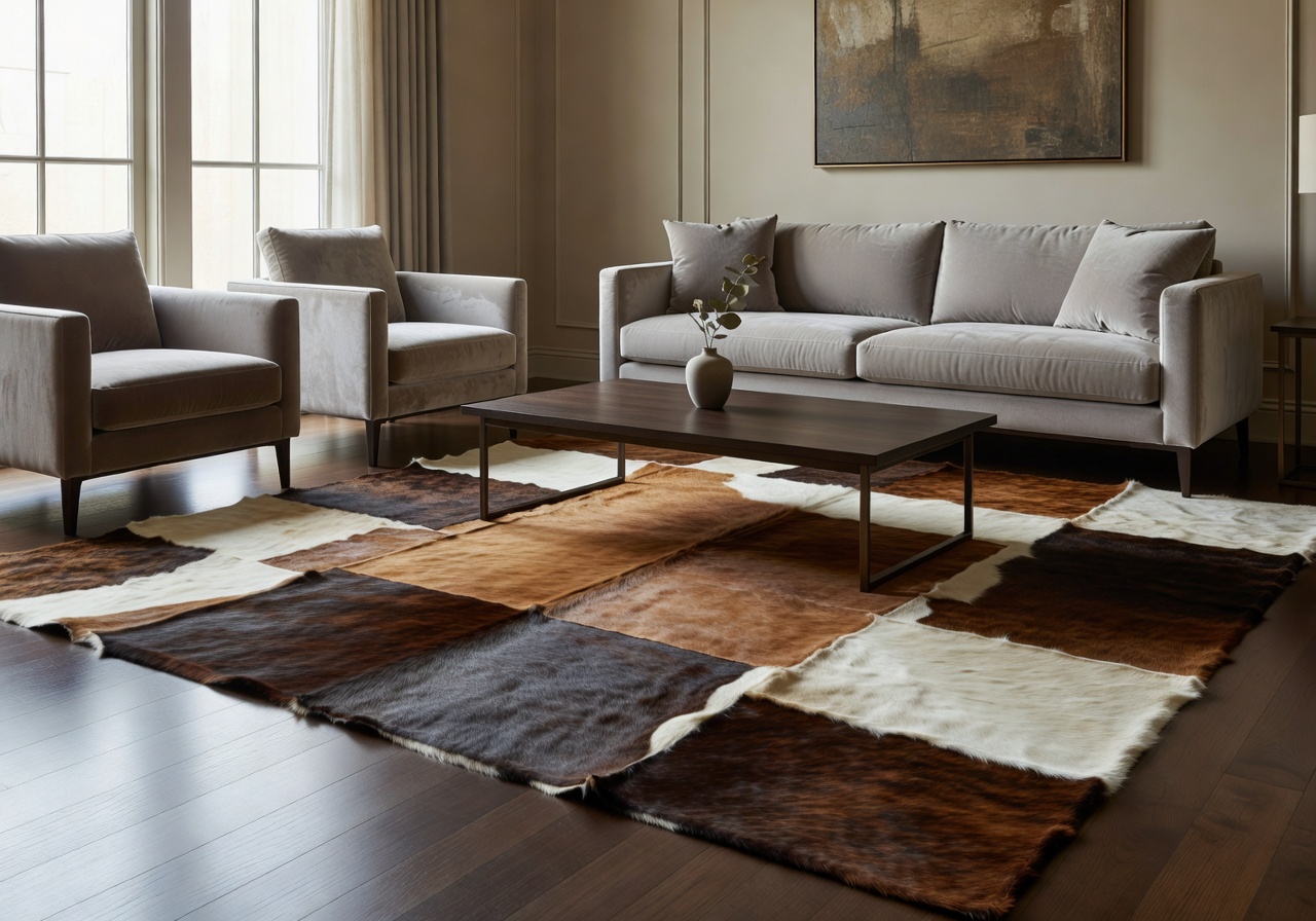 Elegant living room featuring a premium hair-on-hide leather rug by Topic Gather Mats