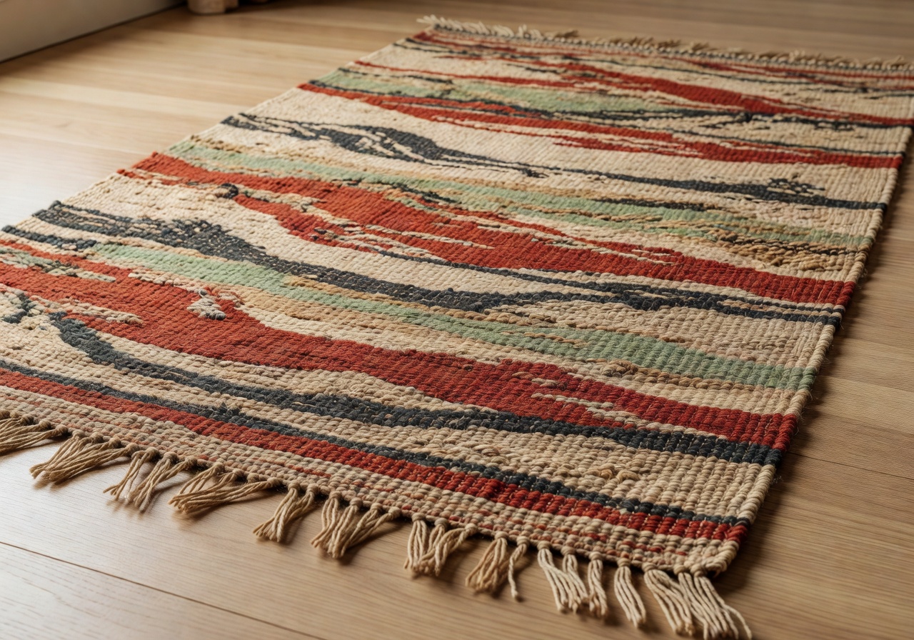 Handwoven earthy textile rug with fringed edges