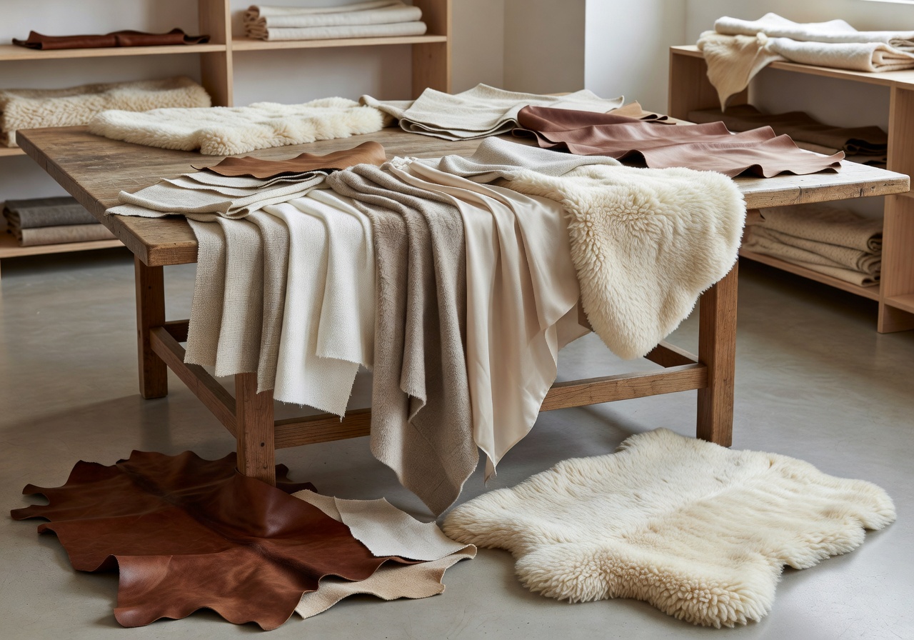 Interior design studio showing fabric swatches and natural hide rug samples