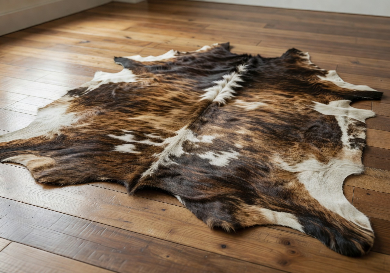 Natural authentic cowhide rug displayed on hardwood floor