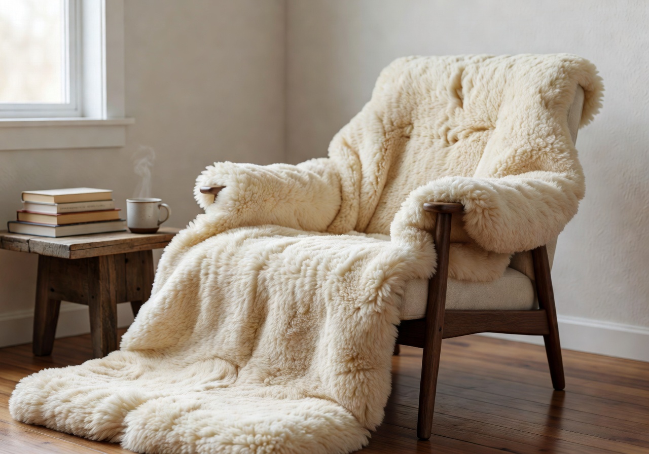 Plush sheepskin wellness mat draped over a reading chair